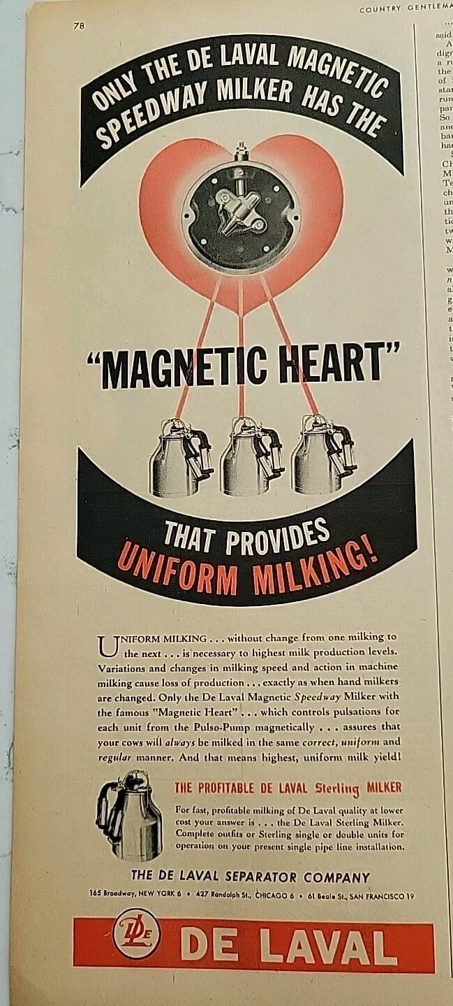 1947 De Laval Cream separator co Magnetic speedway milker Magnetic heart Ad