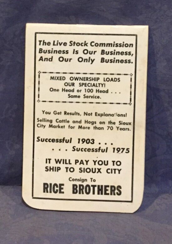 Rice Brothers Sioux City Stockyards 1975 Advertising Notebook
