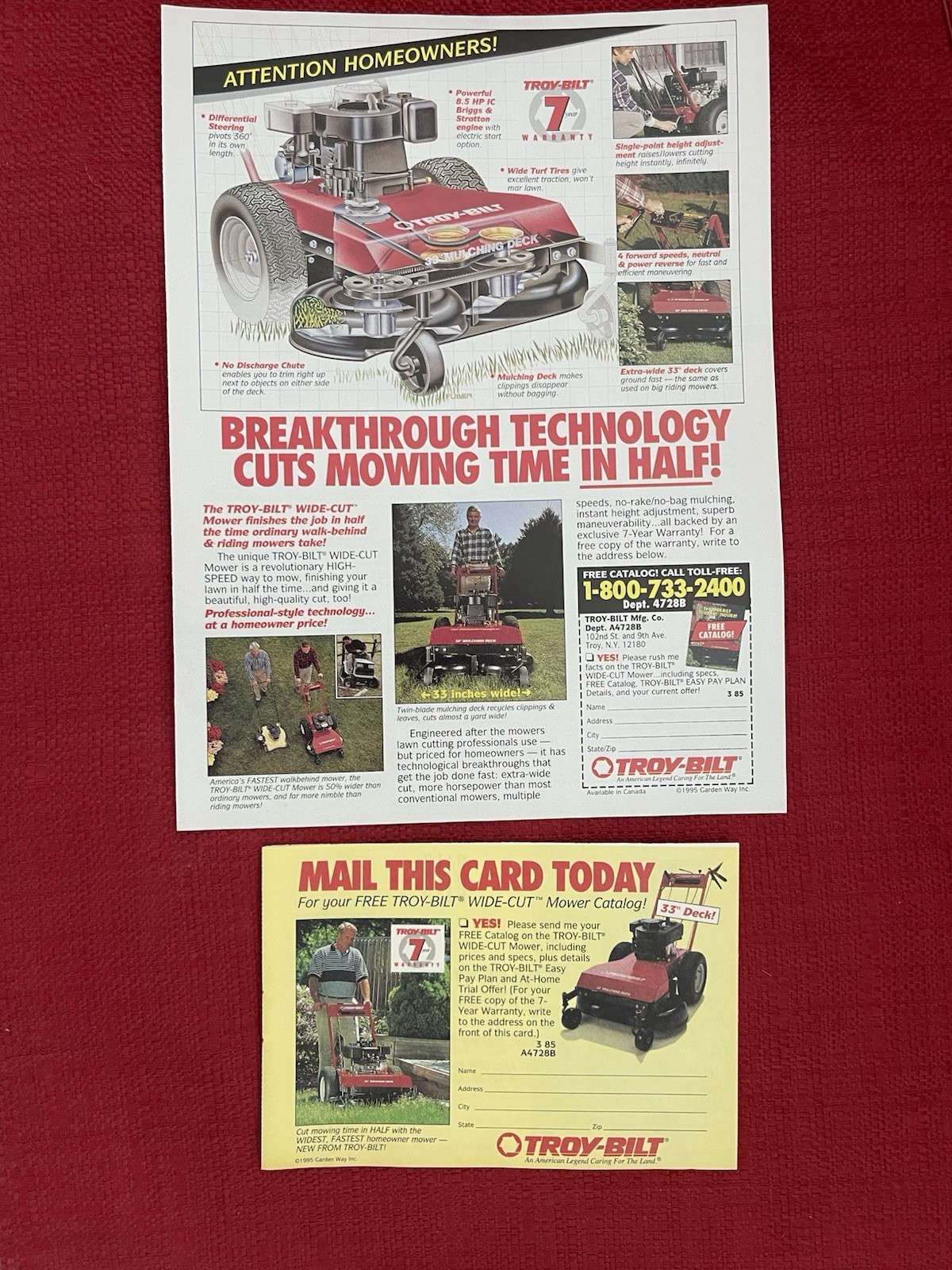 Vintage 1995 Troy Bilt Wide Cut Mower Print Ad Walk Behind Mower Advertisement