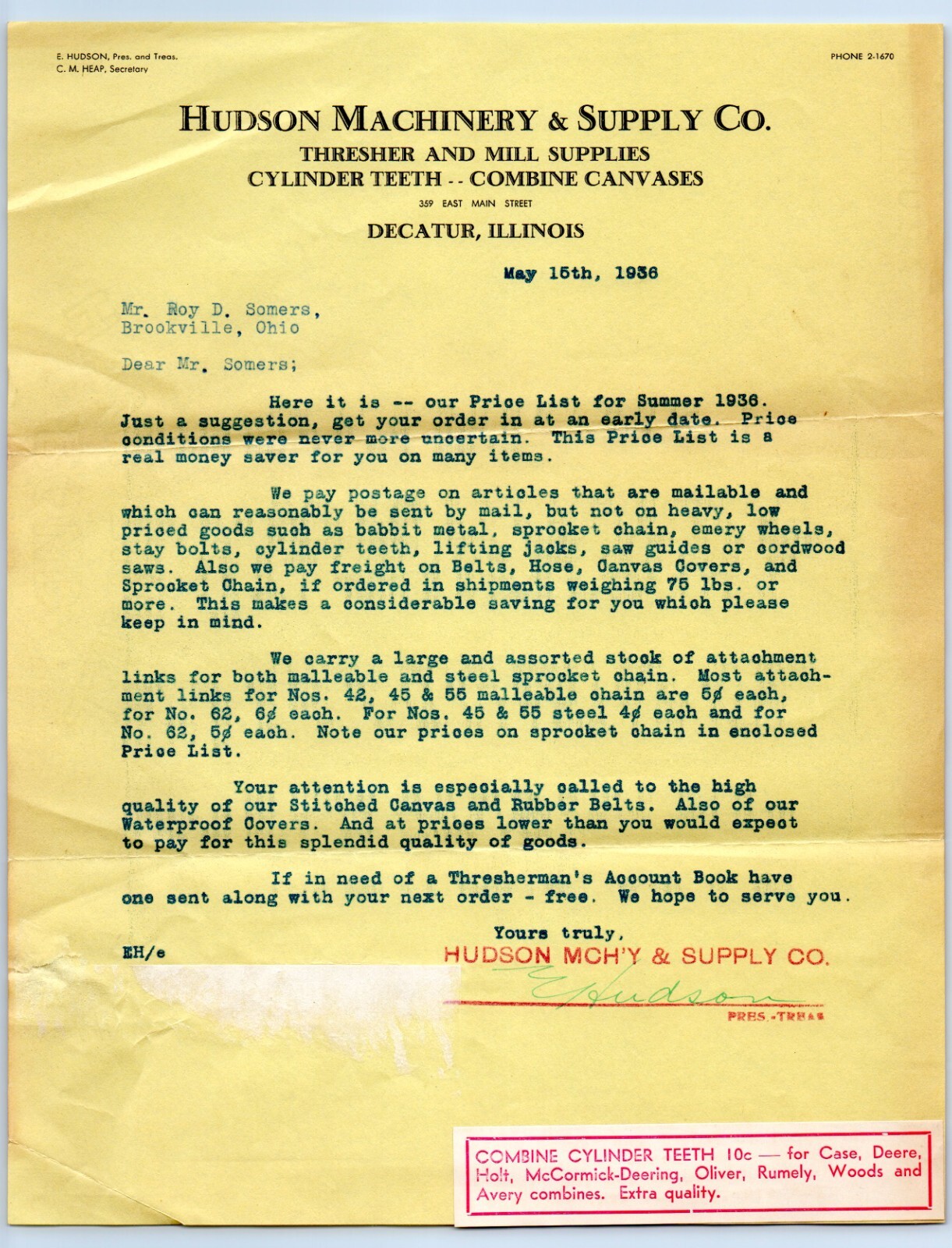 1936 Hudson Machinery Supply Co. Decatur Illinois Catalog Price List Letterhead