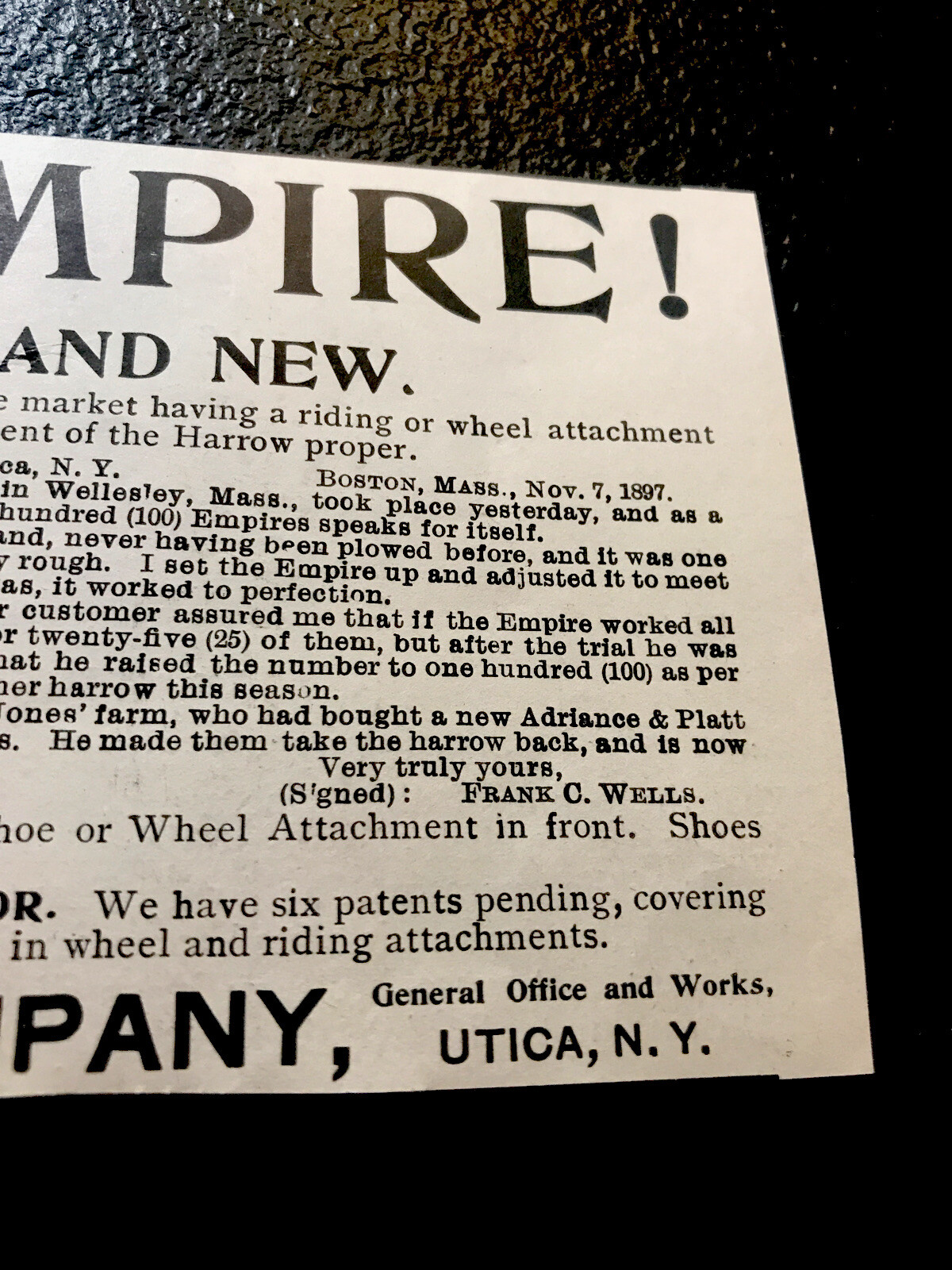 ORIGINAL 1897 Standard Harrow Co Farm Implement Advertising – Utica – New York
