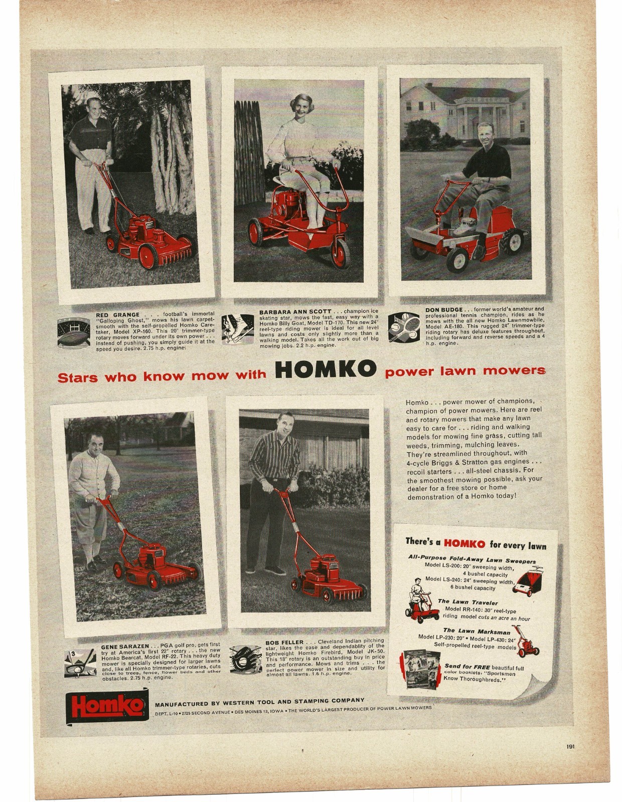 1956 Homko Power Lawn Mower Red Grange Don Budge Bob Feller Vintage Print Ad