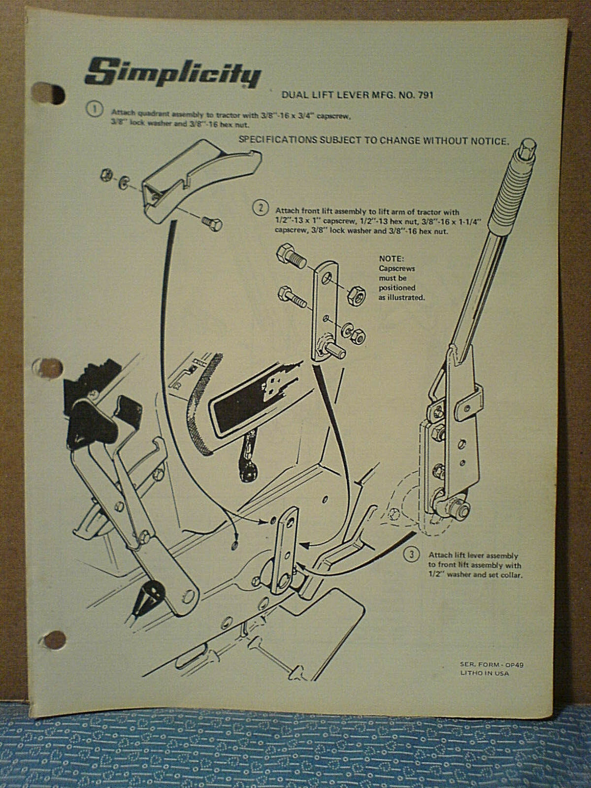 SIMPLICITY NO. 791 DUAL LIFT LEVER OPERATORS, ASSEMBLY, PARTS MANUAL