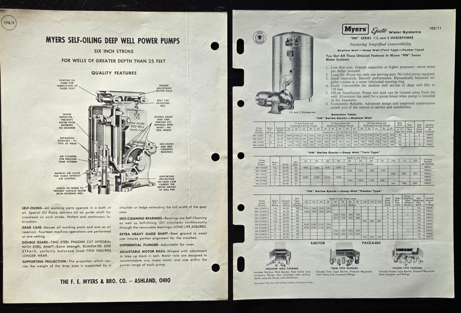 1958 2x F.E. MYERS WELL PUMP/WATER SYSTEM SPEC SHEET ADVERTISEMENT ASHLAND OHIO