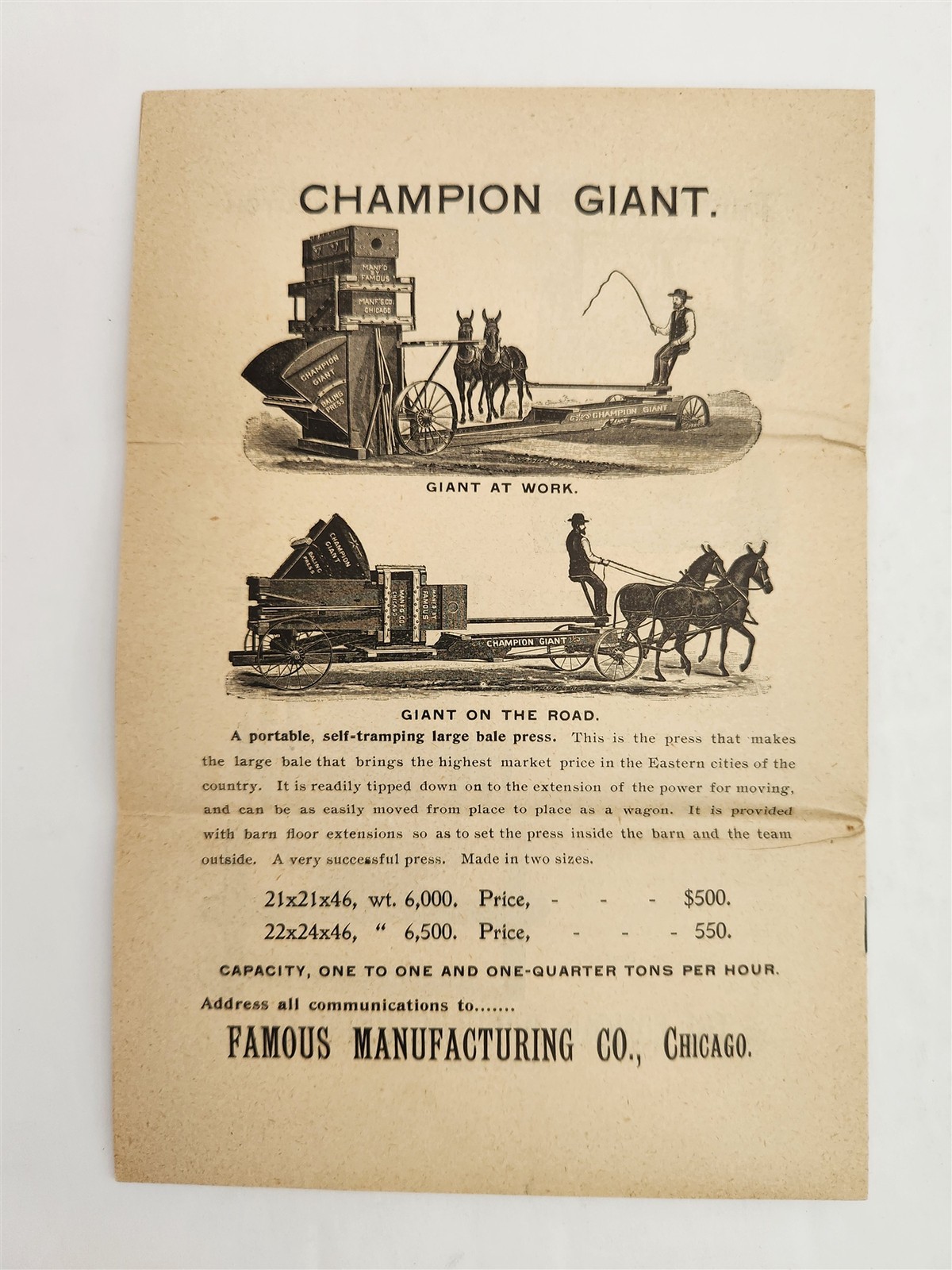 1893 antique CHAMPION HAY PRESS CATALOG chicago il FAMOUS Mfg Co agriculture ad
