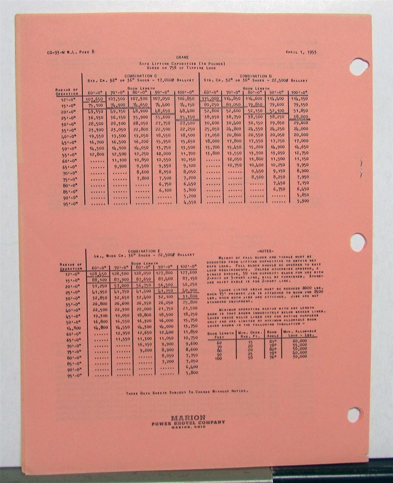 1953 Marion 93M Crawler Truck Specifications Construction Dealer Catalog