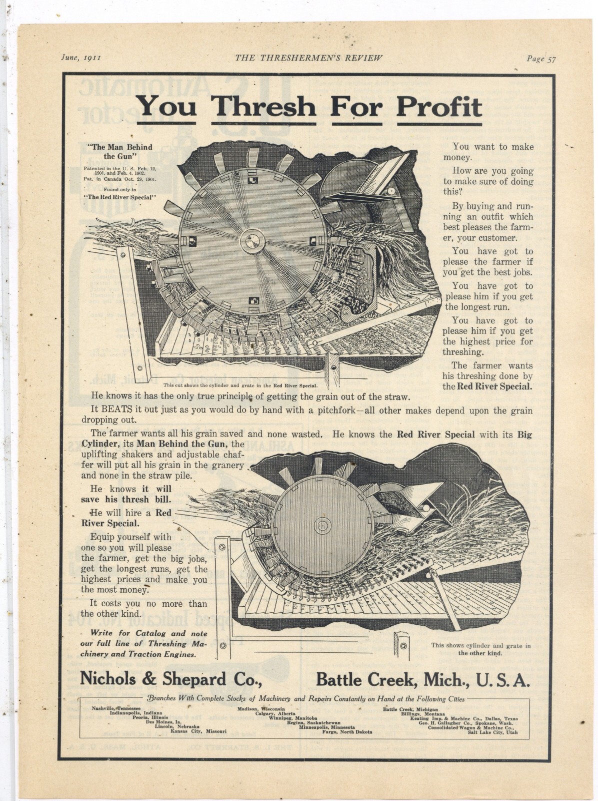 1911 Nichols & Shepard Ad: Red River Special Thresher Close Up Cylinder & Grate