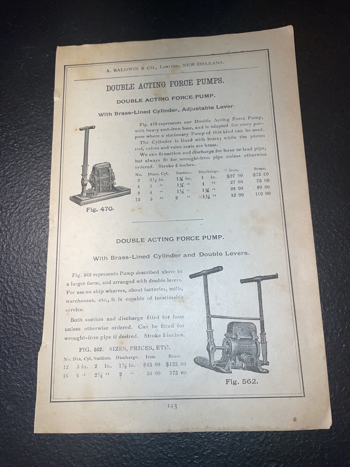 1891 Baldwin – Goulds Double Acting Force Pump – Farm Advertising – New Orleans