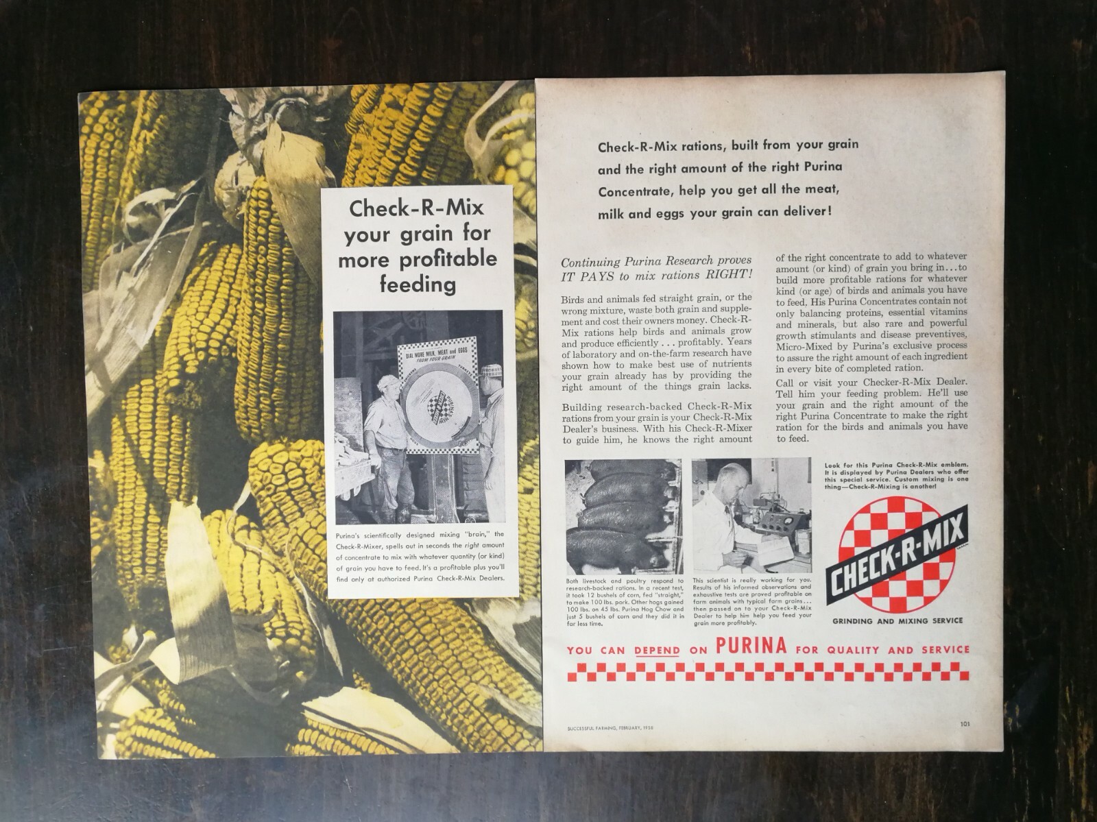 Vintage 1958 Check-R-Mix Purina Hog Pig Feed Two Page Original Ad
