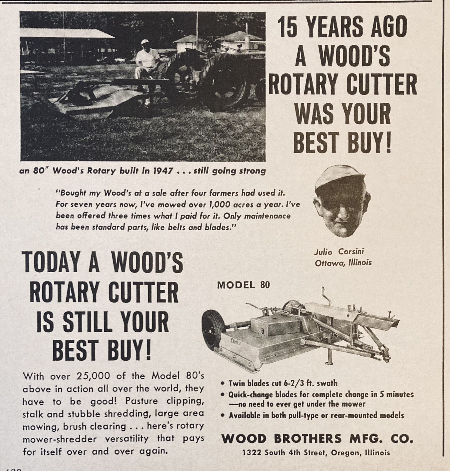 1962 AD.(XH30)~WOOD BROTHERS MFG. CO. OREGON, ILL. WOOD’S ROTARY CUTTER