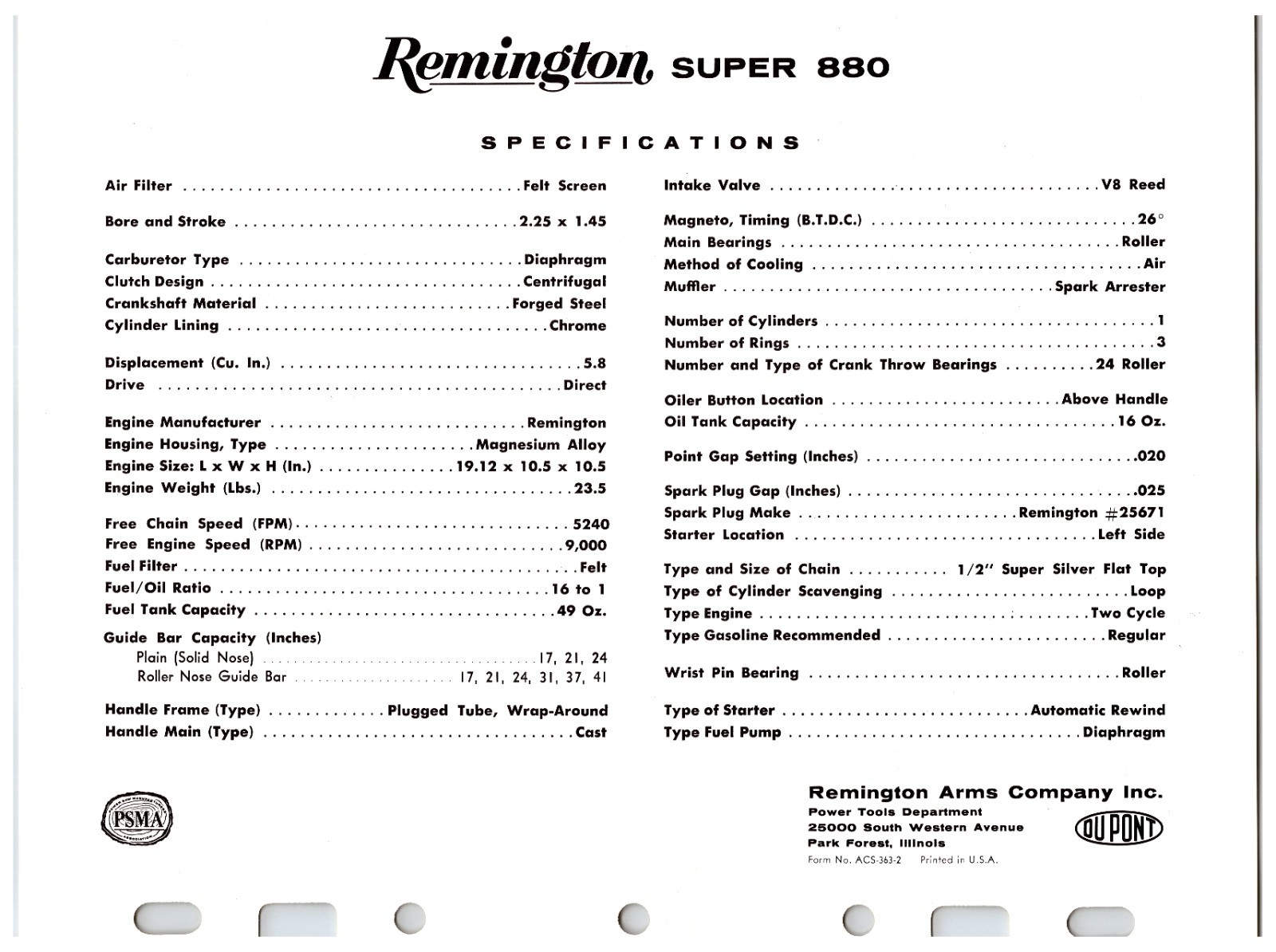 Vintage Original Remington Chainsaws Sales Sheet (Model Super 880) Info Sheet