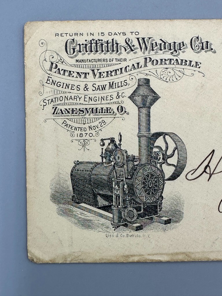 1890 Griffith & Wedge ENGINES SAW MILL Advertise FARM Postal Cover ZANESVILLE OH