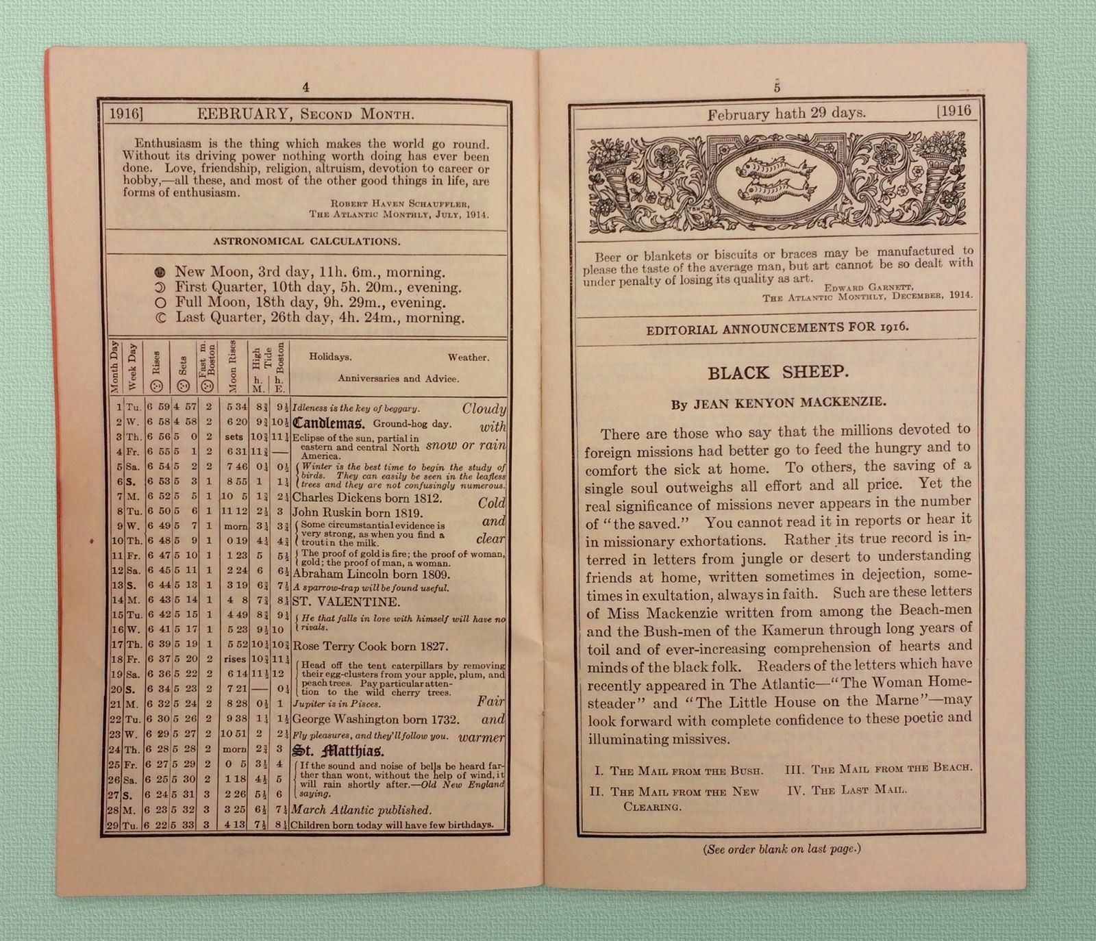 1916 THE ATLANTIC MONTHLY LITERARY ALMANAC, BOSTON MASSACHUSETTS