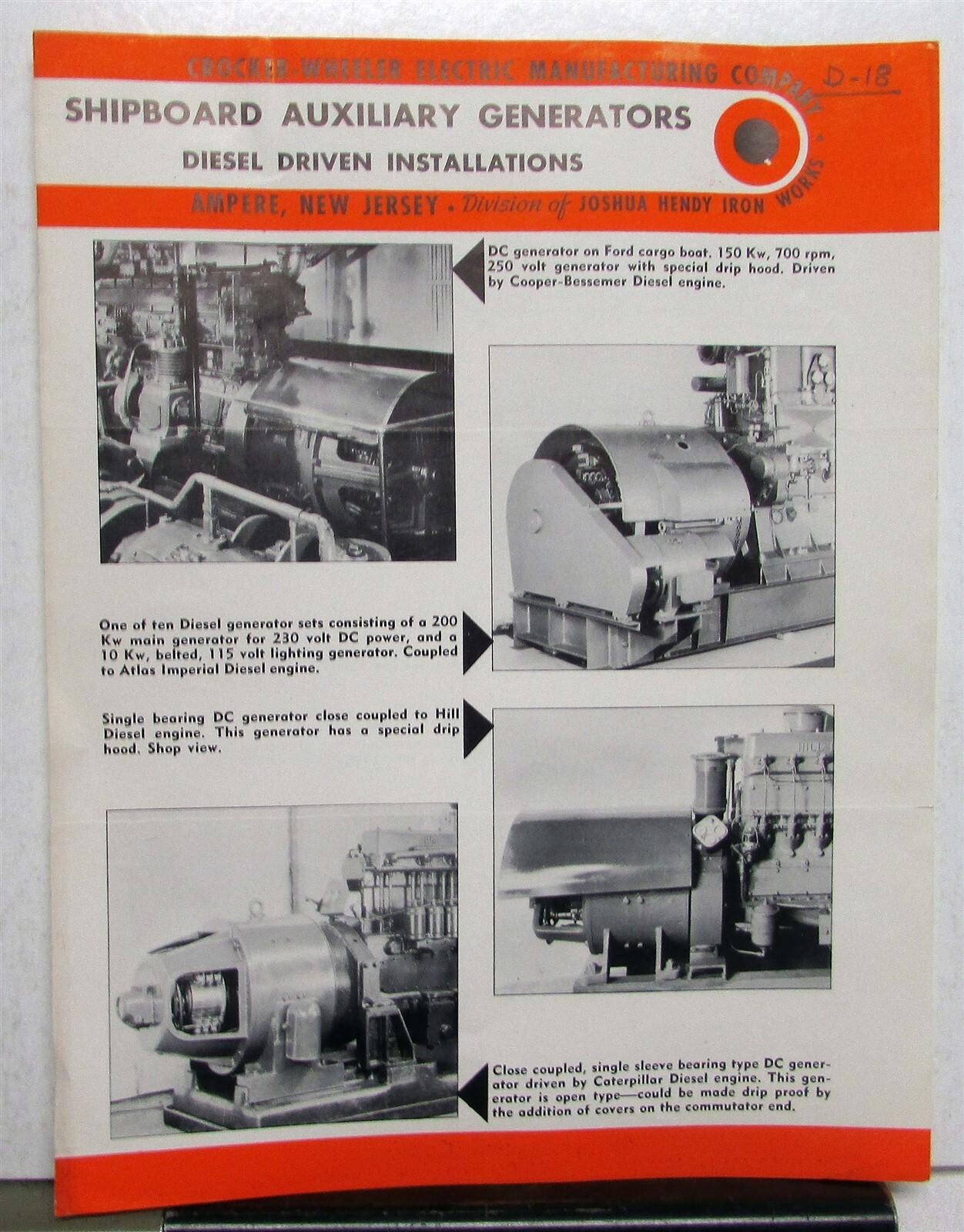 1944 Crocker Wheeler Motors Shipboard Auxiliary Generators Dealer Letter Sheet