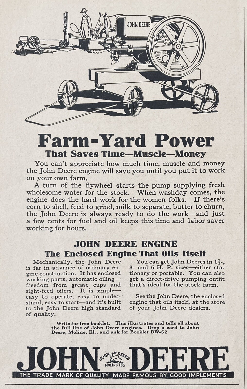 1929 AD.(XH66)~JOHN DEERE CO. MOLINE, ILL. JOHN DEERE FARM USE ENGINES