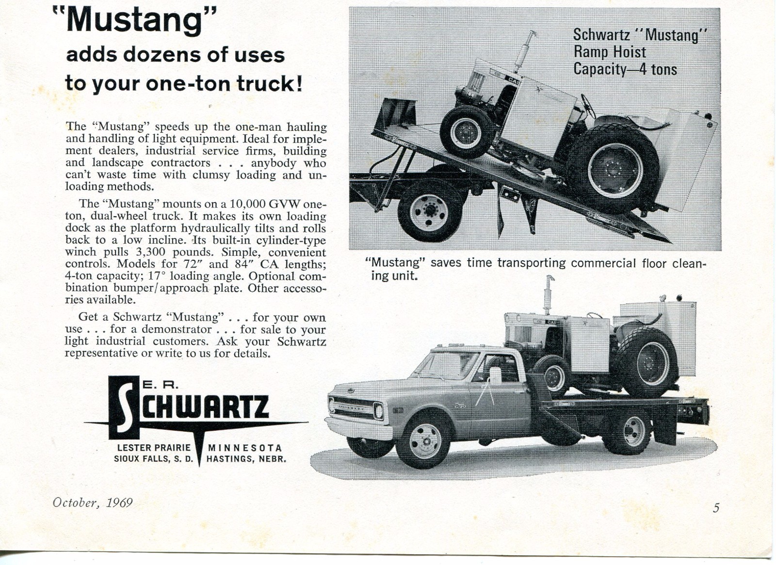 1969 Dealer Print Ad of ER Schwartz Mustang Ramp Hoist w Case 430 Tractor