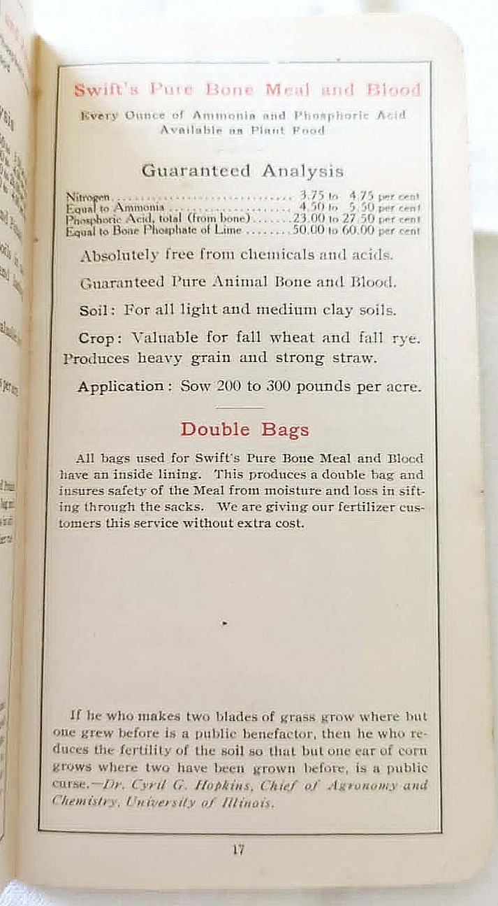 RARE 1908-1909 Swift & Company Fertilizer « Bone And Blood » Farmers Pocket Guide