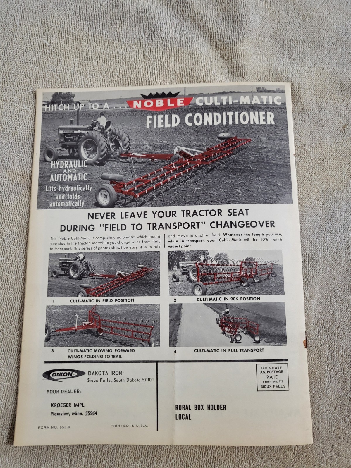 NOBLE DAKON Harrow BROCHURE 1968? John Deere IH Sioux Falls, SD. Dakota Iron