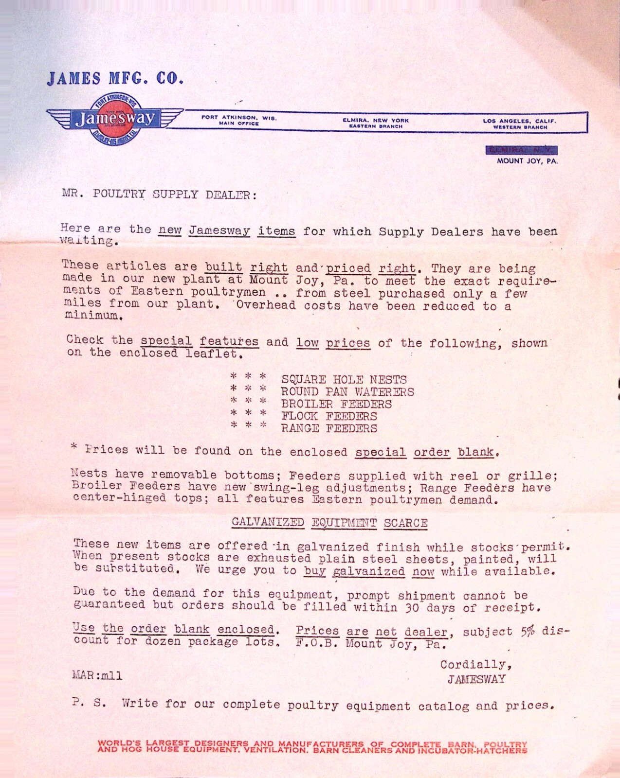 Jamesway Poultry Supply Dealer Letter & Ad 1940s Nests Waterers Feeders Mt Joy