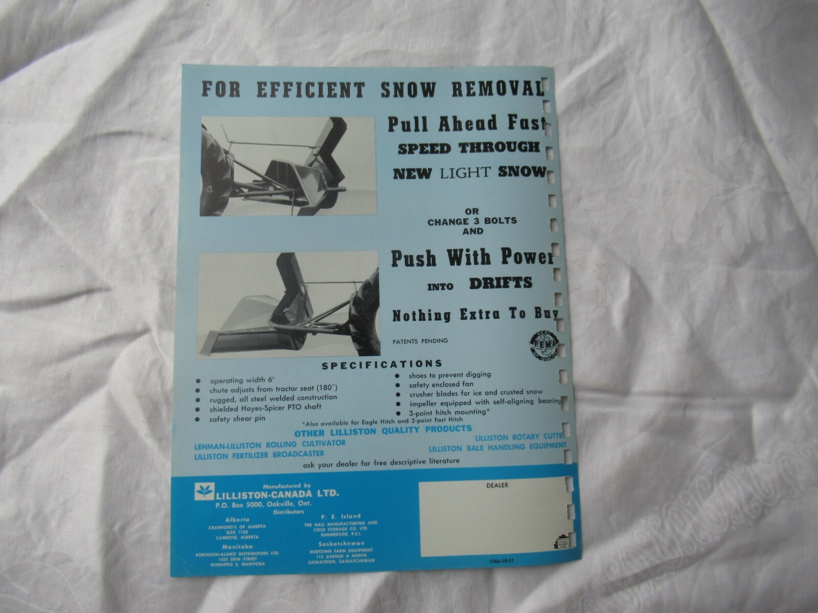 Lilliston snowblower specification sheet brochure