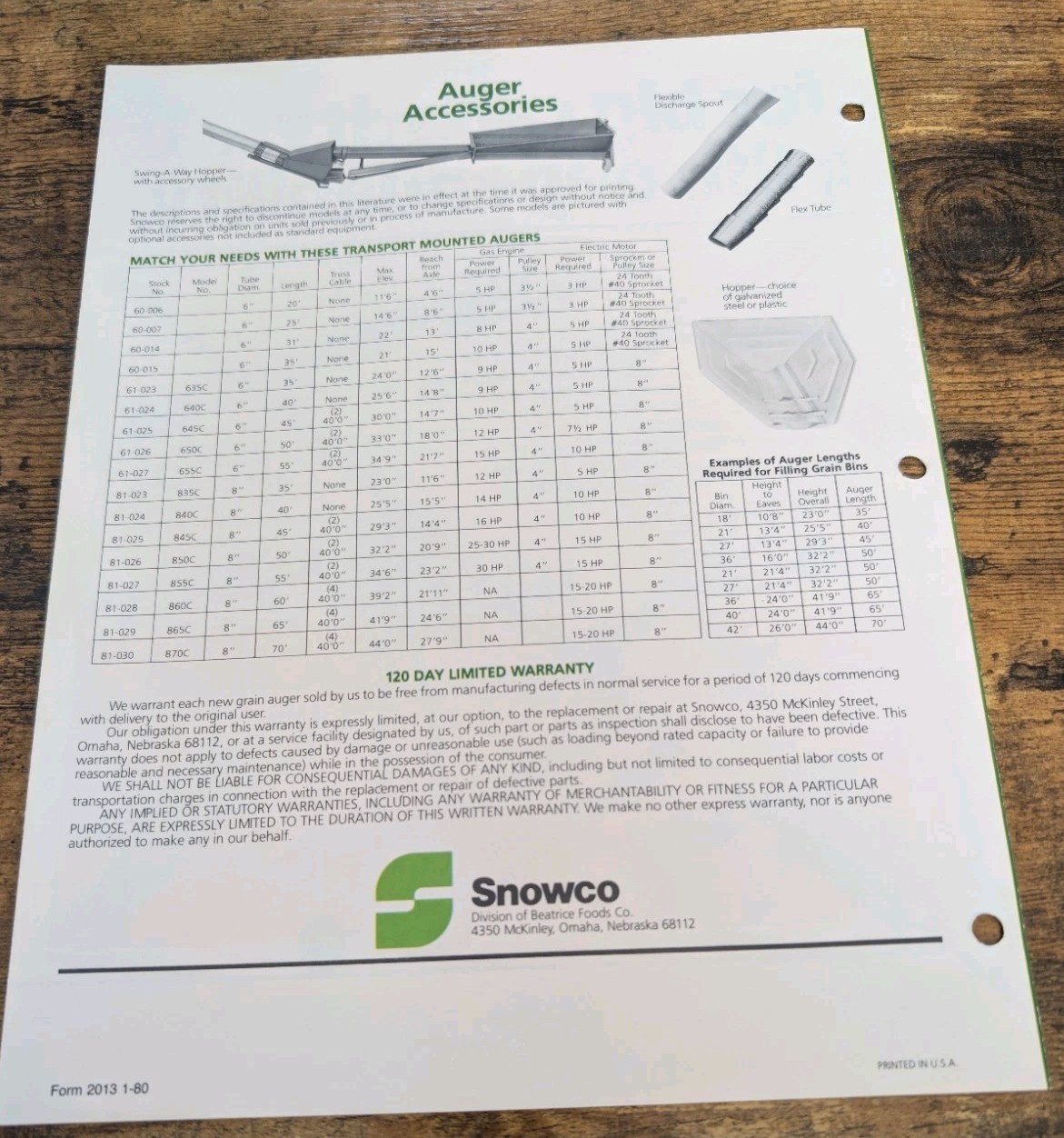 Snowco Center Drive And Utility Augers Brochure Printed In USA