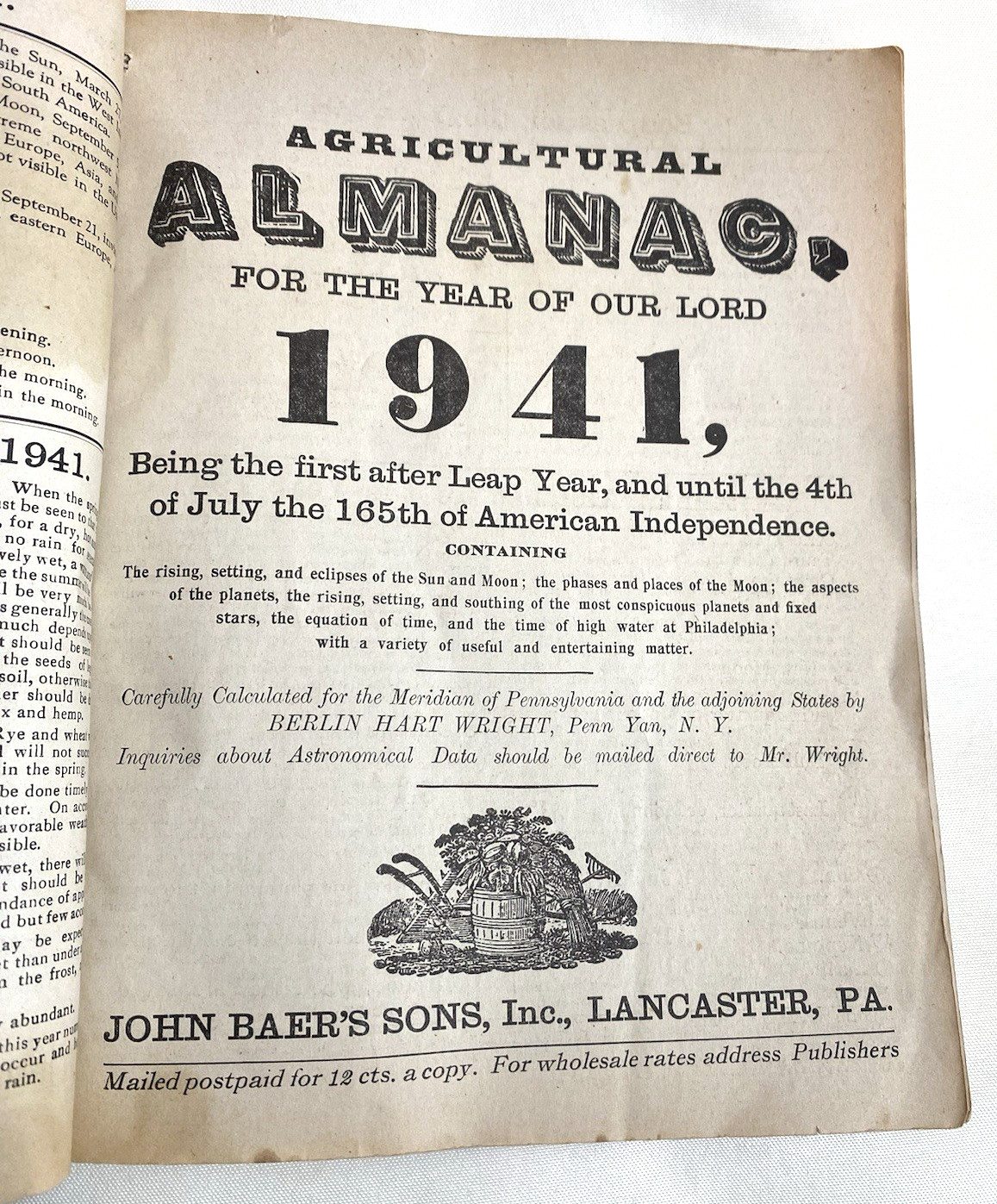 Vintage 1941 John Baers Sons AGRICULTURAL ALMANAC Lancaster PA FARMERS