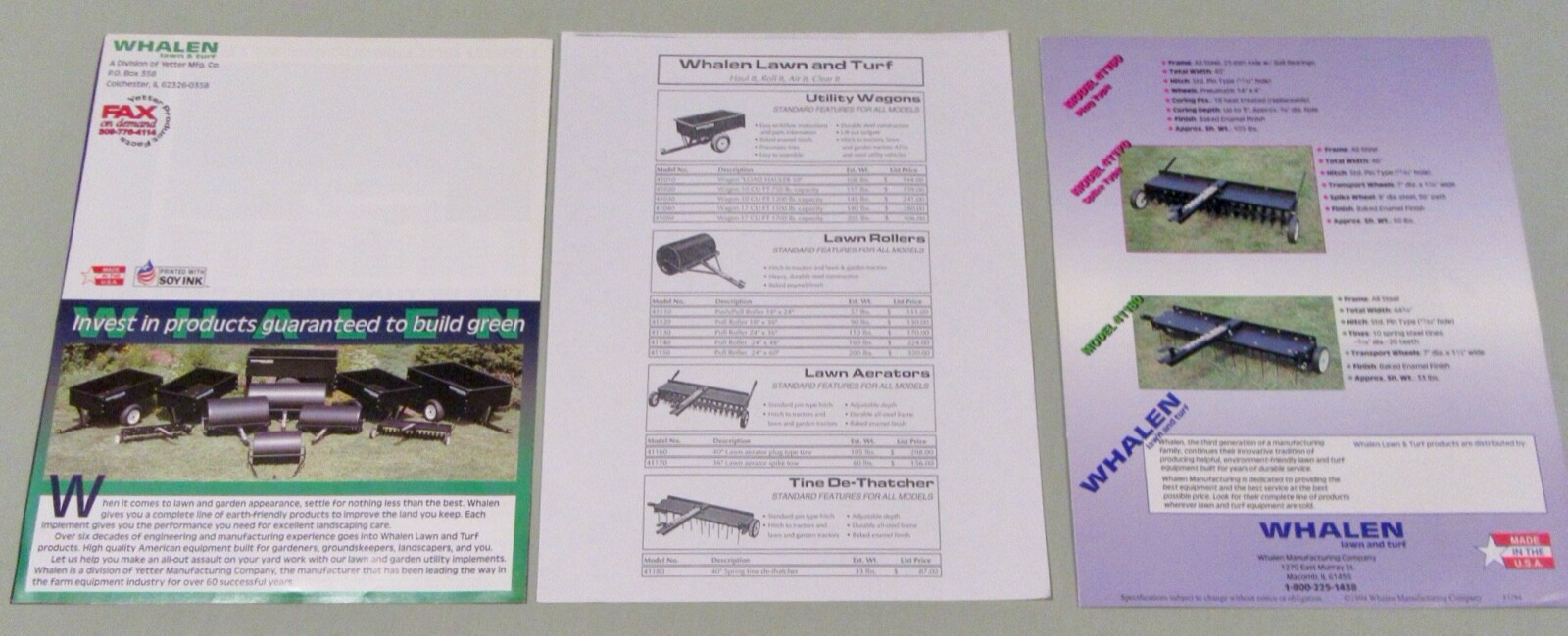 Whalen (Yetter) Lawn &Turf Sales Brochures With Prices (Lot of 6) 1994 – 1996