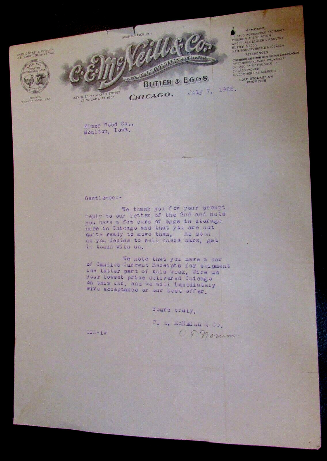 Old 1925 C.E. McNeill and Co. Wholesale Butter Eggs Antique Letterhead Chicago