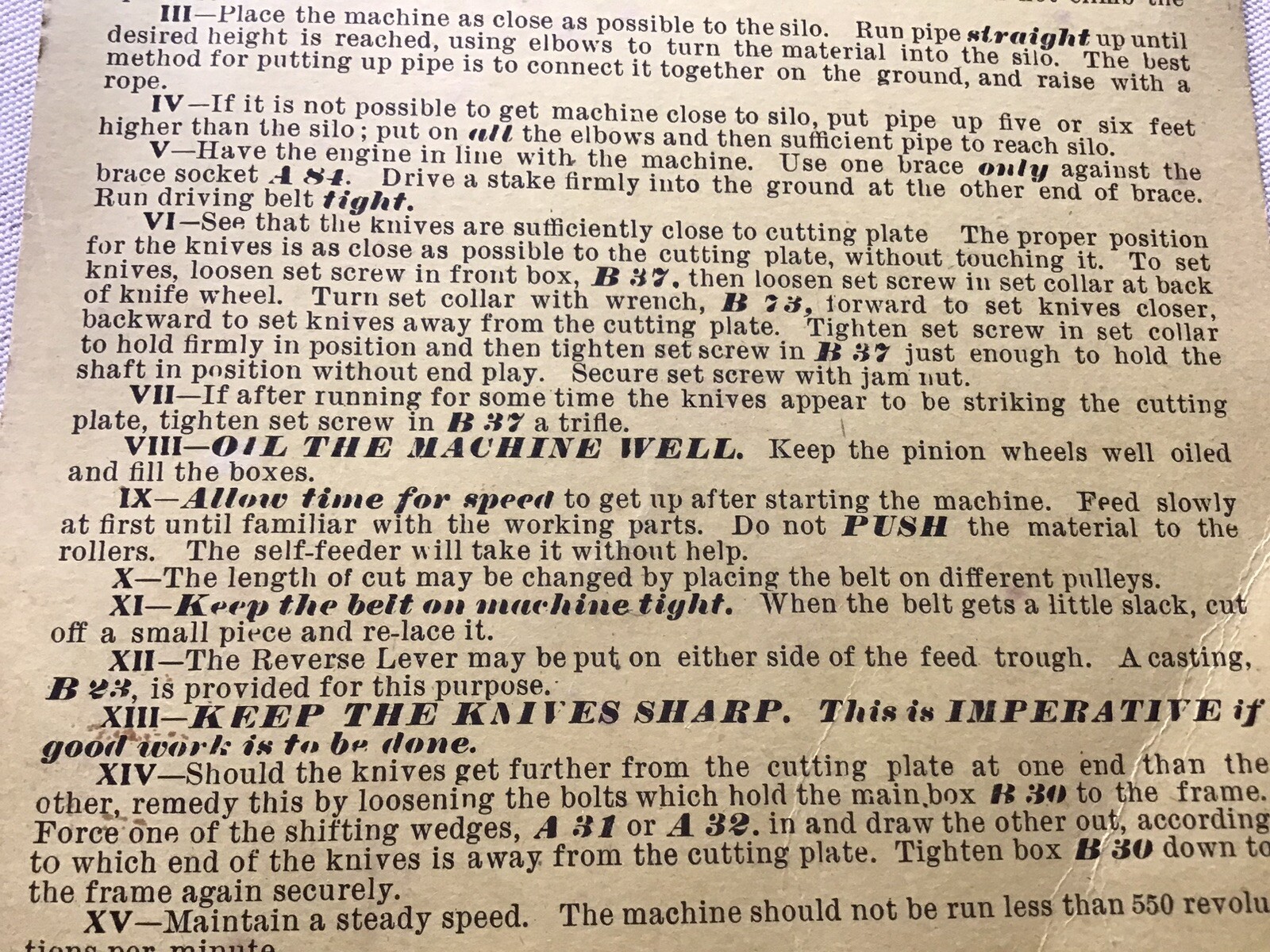 Vintage Cardboard Directions For Climax « B » Warsaw-Wilkinson Ensilage Cutters