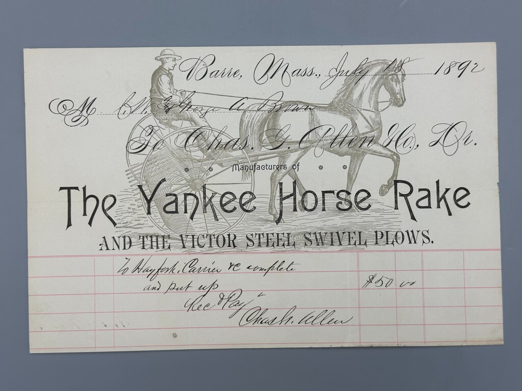 1892 YANKEE HORSE RAKE Massachusetts BARRE Illustrated Antique FARM ADVERTISING