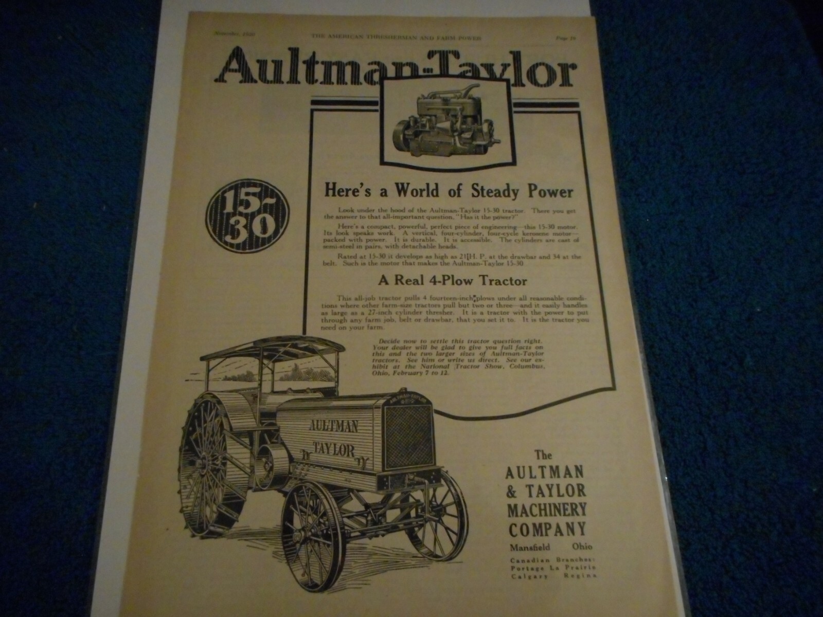 Aultman Taylor Mansfield, OH 1920 Original Advertisement: 15-30 4 Plow Tractor