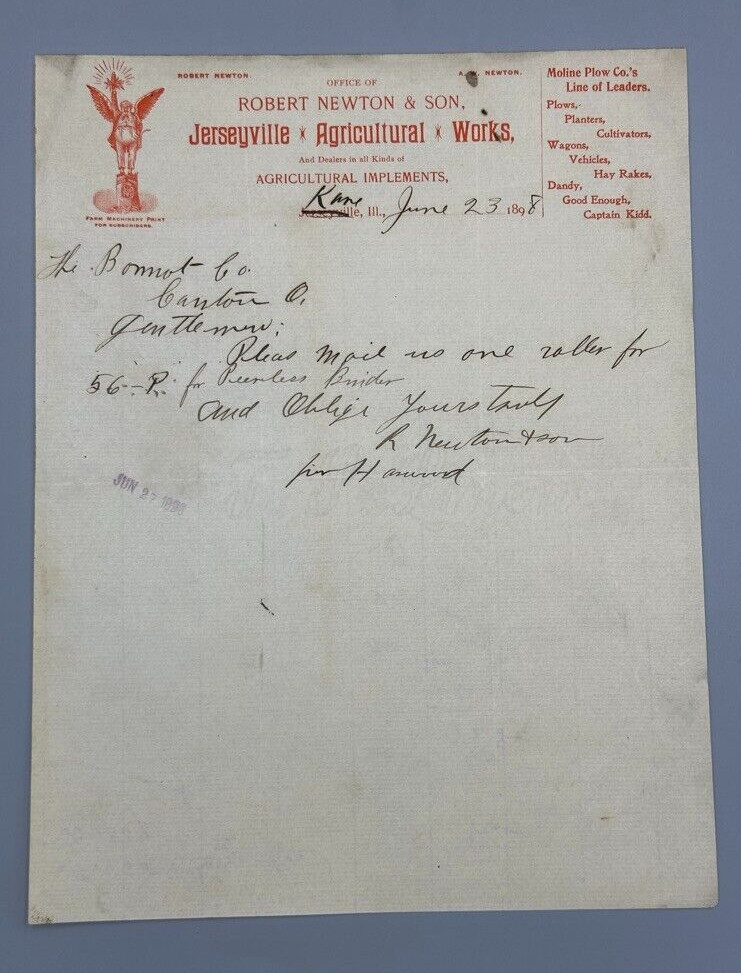 1898 JERSEYVILLE AGRICULTURAL WORKS Moline Plow Illinois FARM Advertising Letter