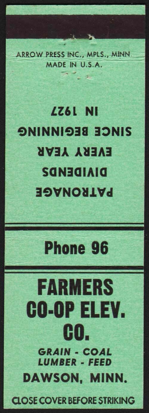 Vintage matchbook cover FARMERS CO OP ELEVATOR Dawson Minnesota unstruck n-mint