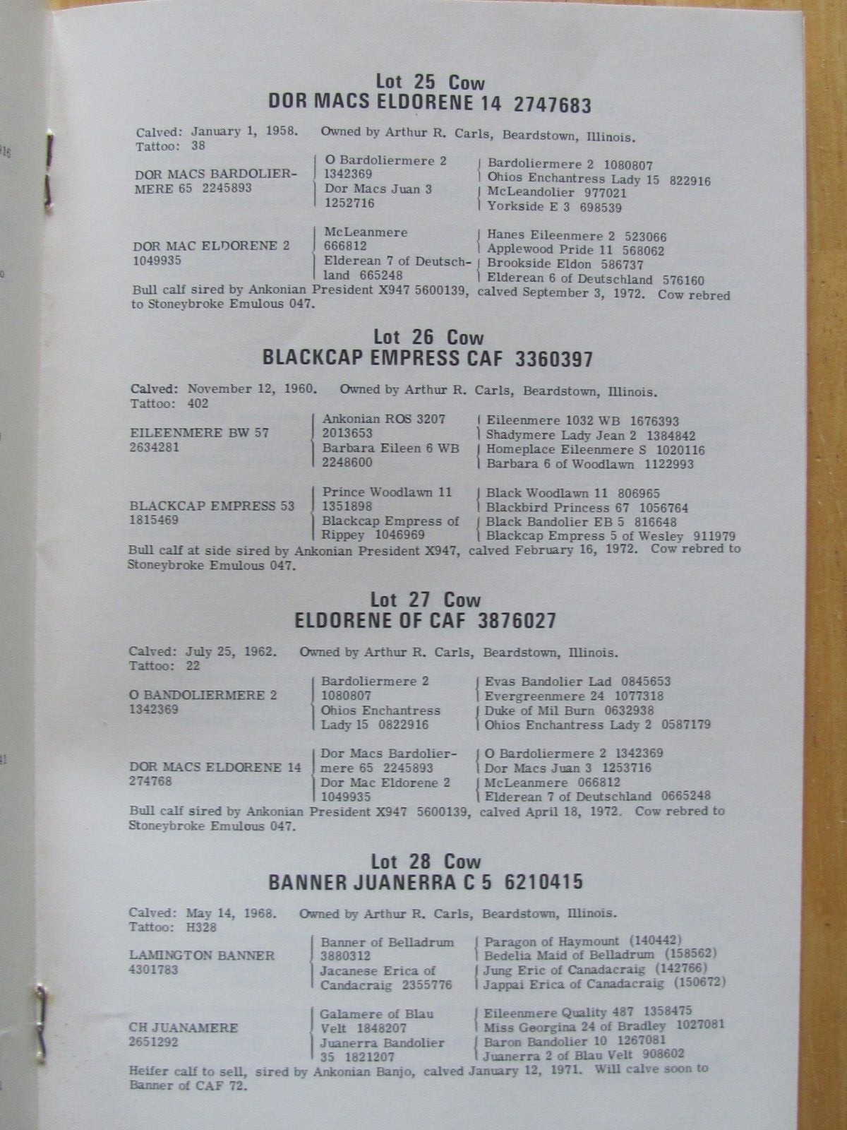 1973 ANGUS BREEDER CATTLE HERD SALES CATALOG ARTHUR CARLS BEARDSTOWN IL
