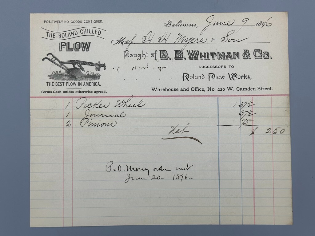 1896 ROLAND PLOW Illustrated WHITMAN MACHINERY Farm Advertising Billhead