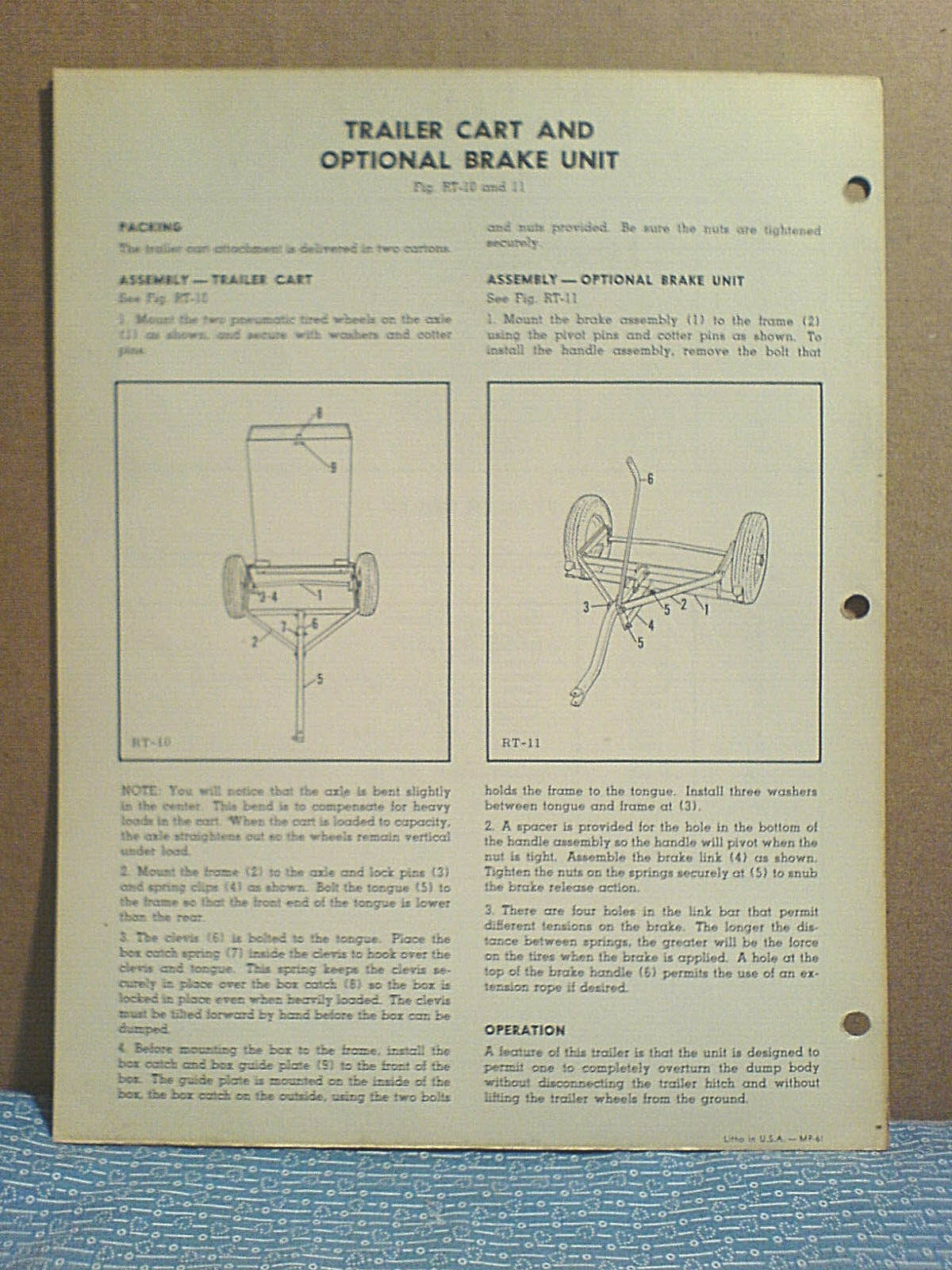 SIMPLICITY 990085 TRAILER CART WITH BRAKE UNIT, OWNER, ASSEMBLY, & PARTS MANUAL.