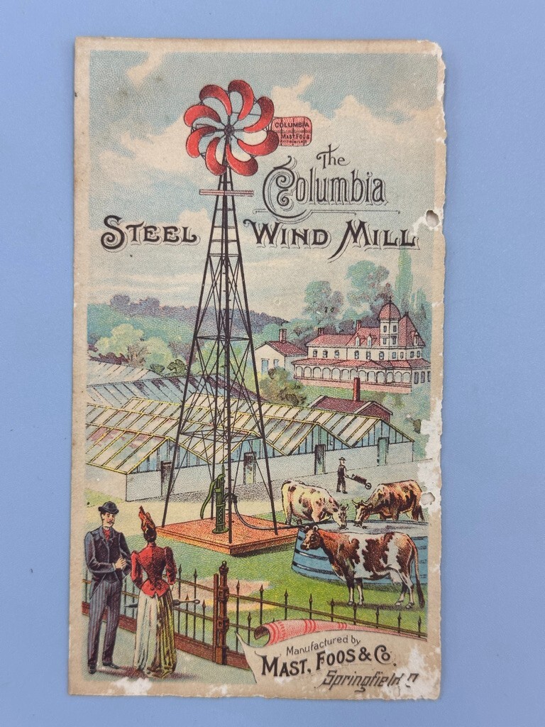 1880s COLUMBIA WINDMILL Mast Foos SPRINGFIELD OHIO Farm Advertising Trade Card