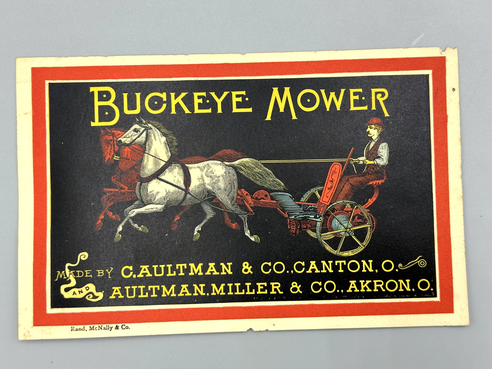 1880s BUCKEYE MOWER Aultman Miller AKRON Ohio Farm Advertising Trade Card