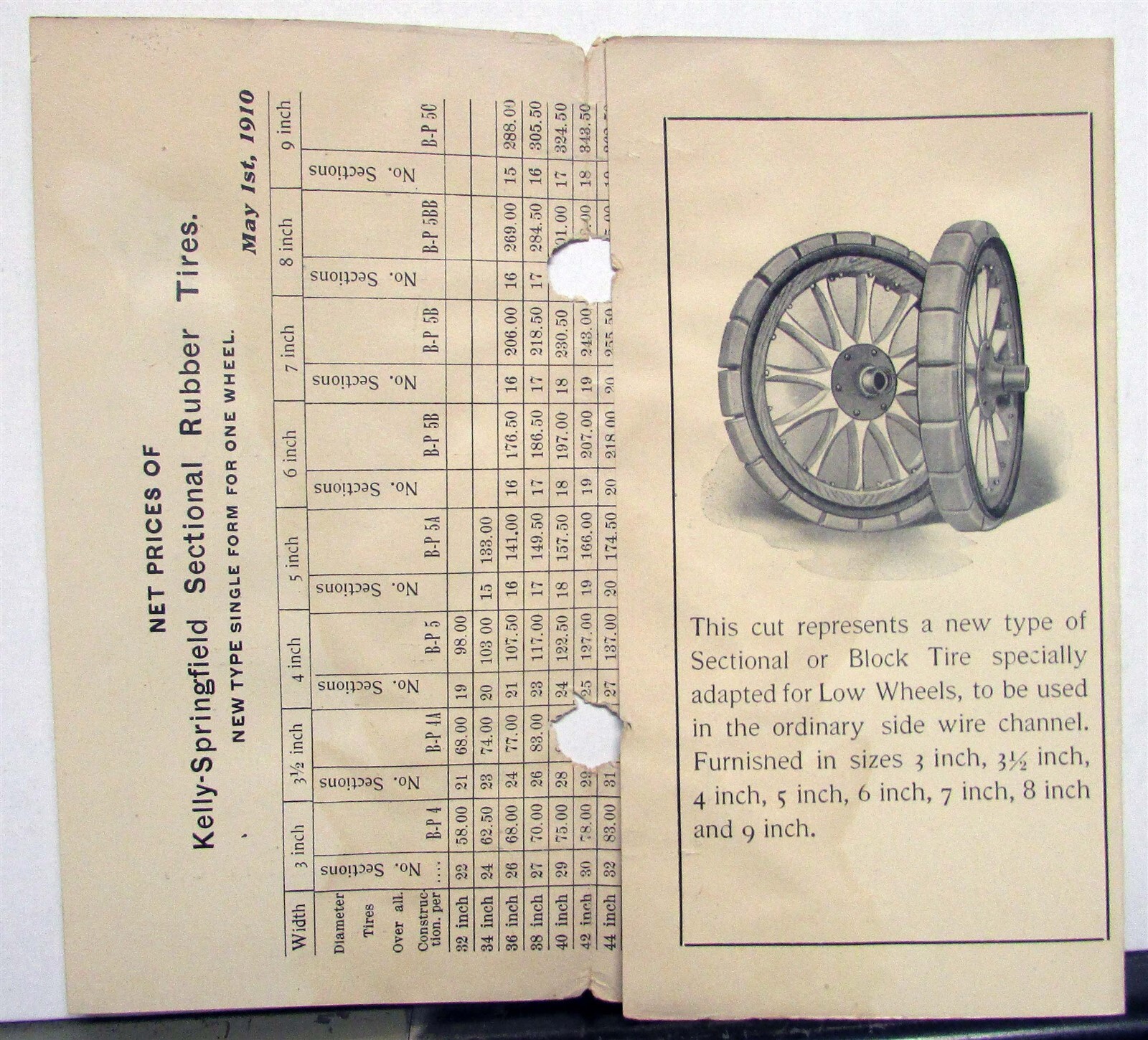 1910 Kelly Springfield Block Tires Net Pricing Specs Sales Tri-Folder