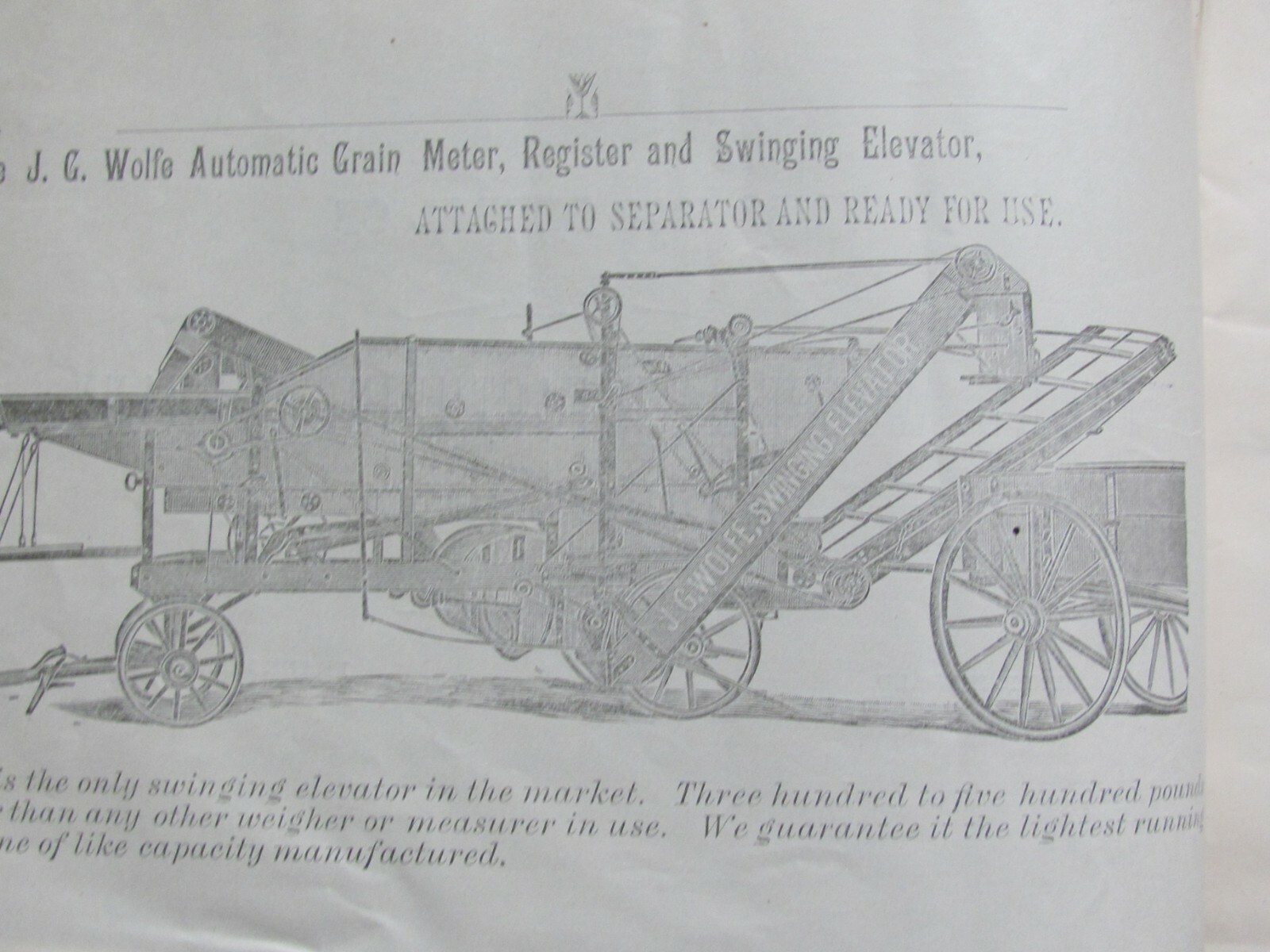 1893 FARM CATALOG J G WOLFE AUDUBON IOWA TRESHER ATTACHMENT ELEVATOR GRAIN METER