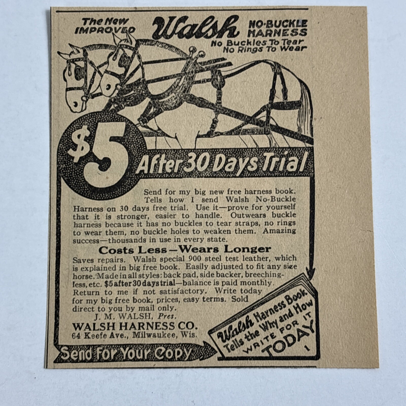 1924 Walsh Harness Company 64 Keefe Ave Milwaukee Wisconsin work horse Print Ad