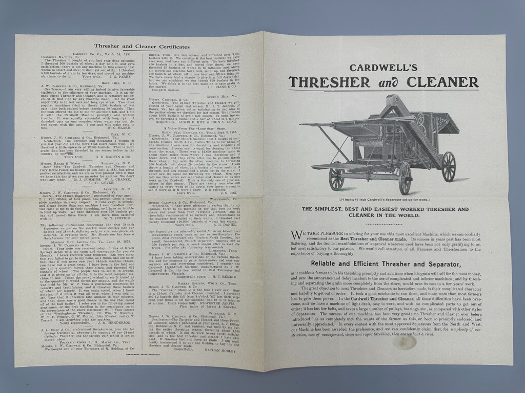 1890s CARDWELL THRESHER Farm Machine Advertising RICHMOND VIRGINIA Antique