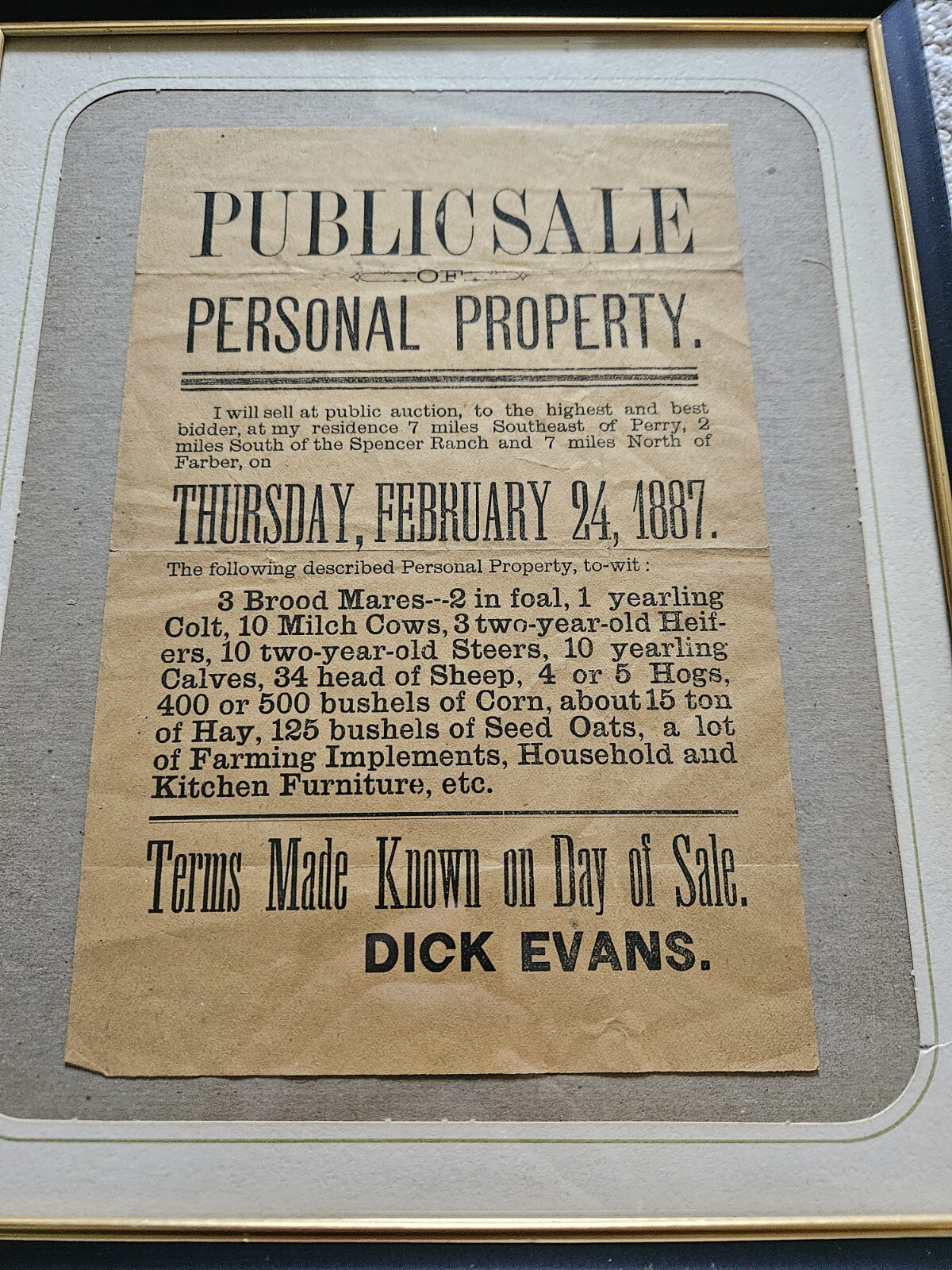 1887 Hand Bill Flyer Farm Auction Dick Evans Michigan Live Stock Equipment