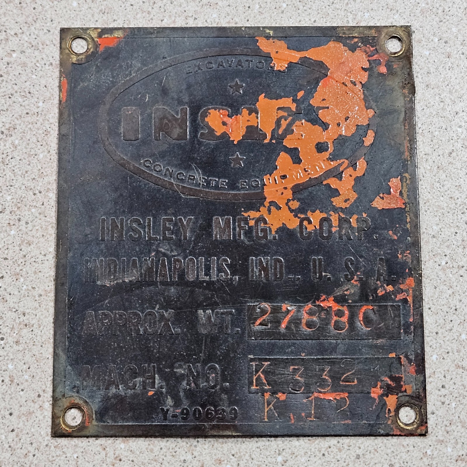 Vintage Insley Excavators Concrete Equipment Indianapolis Data Sign Badge Plate