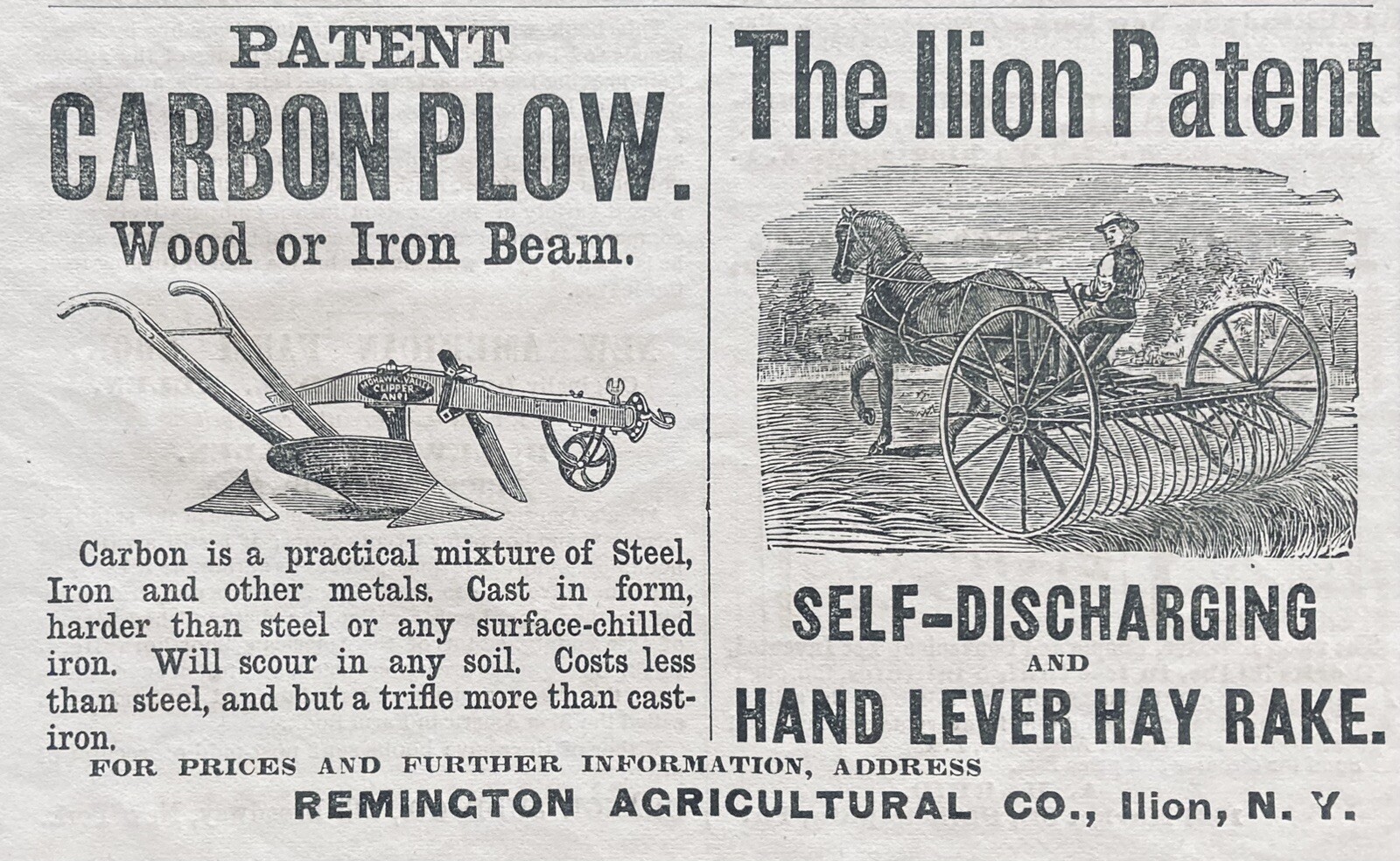 1876 AD.(XH65)~REMINGTON AGRICULTURE CO. ILION, NY. CARBON PLOW & HAY RAKE