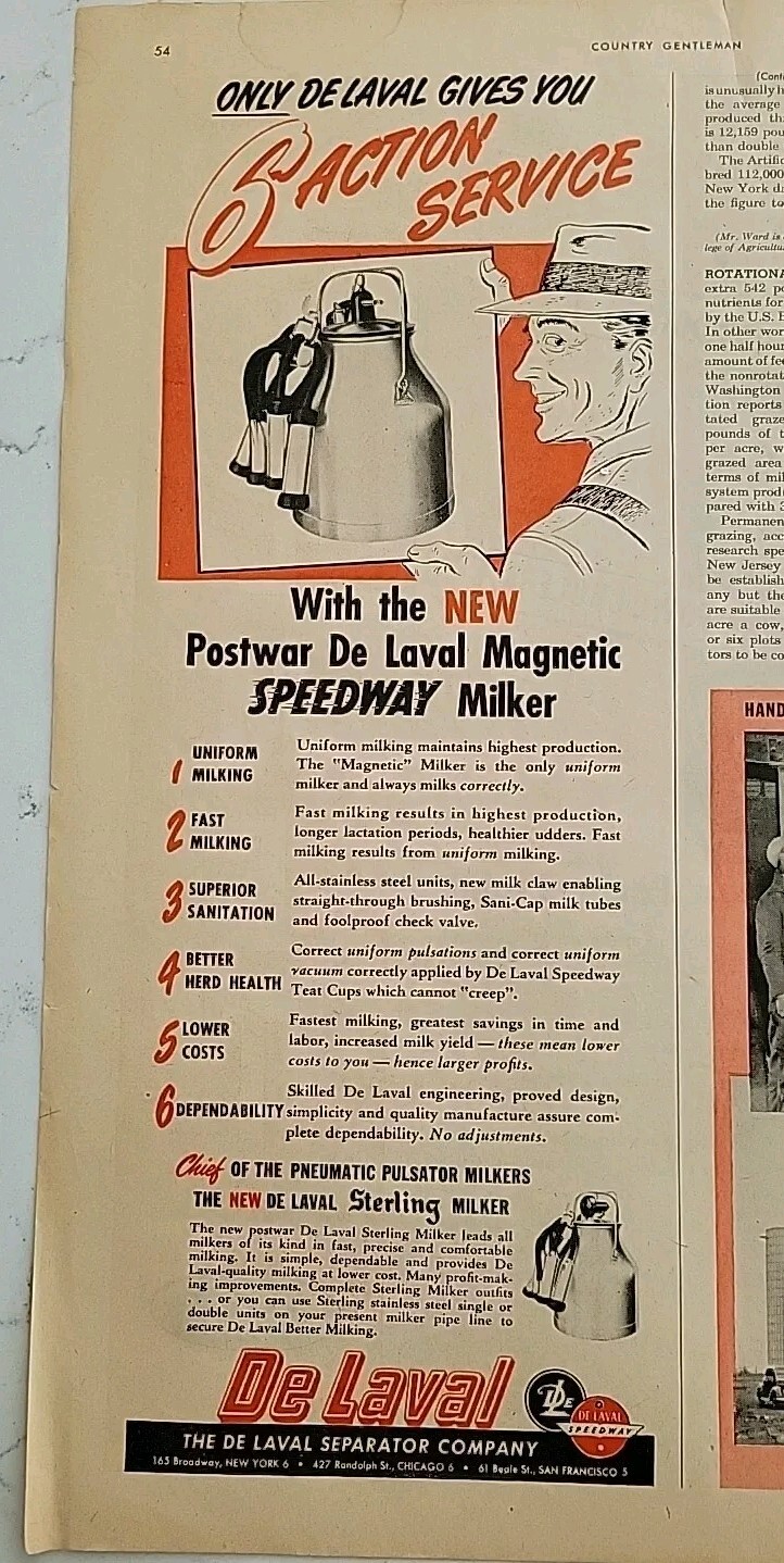 1947 De Laval Cream separator company Magnetic speedway milker vintage Ad