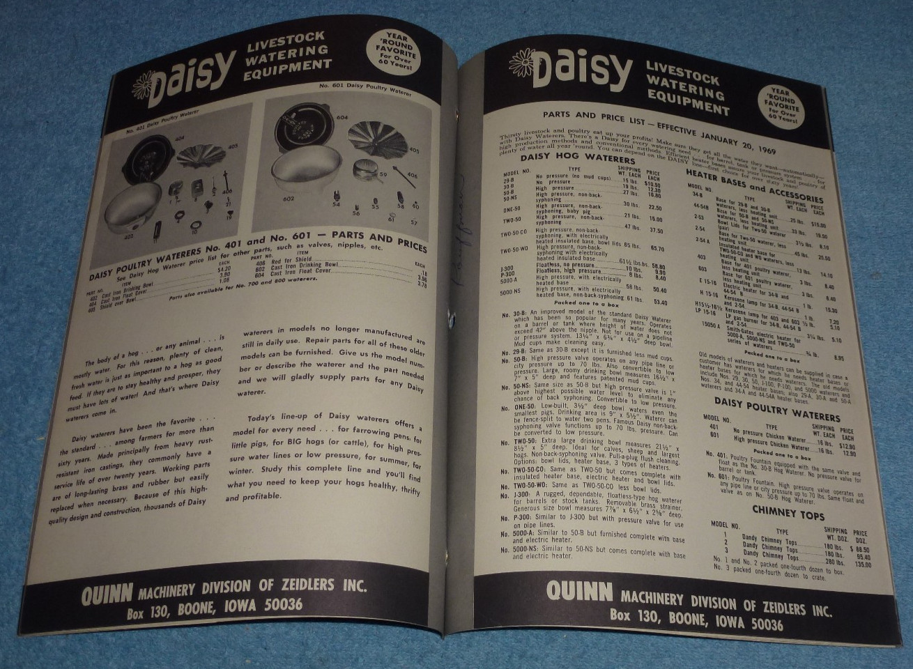 Vtg Daisy Livestock Watering Equipment Parts Price List 1969 Quinn Boone Iowa