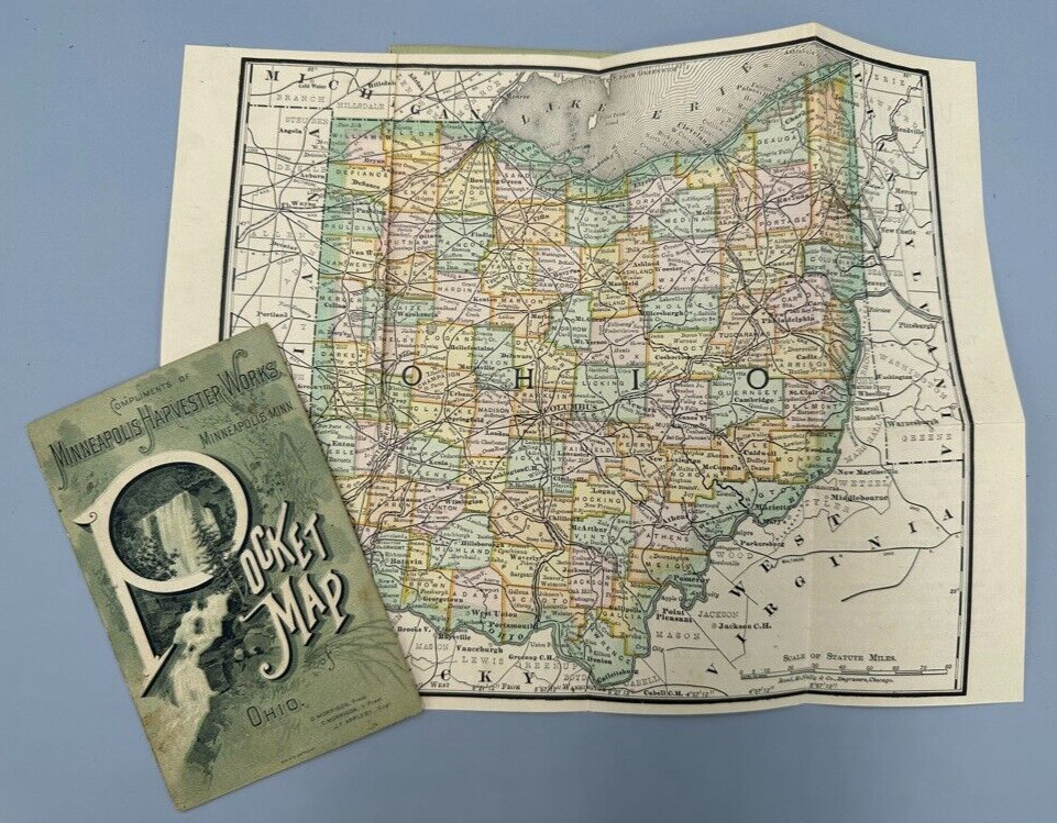 1886 MINNEAPOLIS HARVESTER WORKS MN Farm Advertising OHIO POCKET MAP Antique