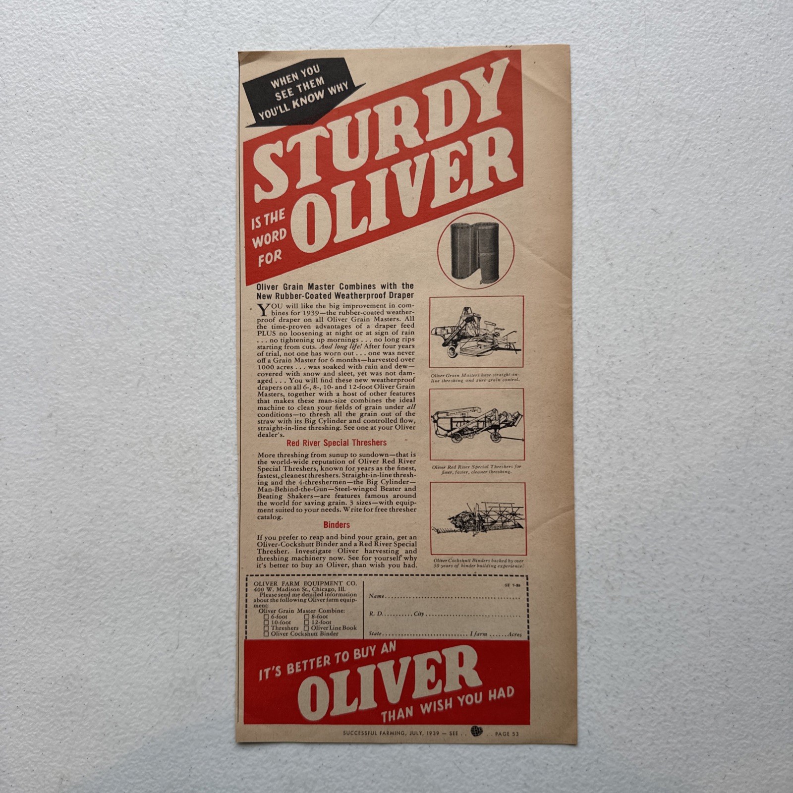 Oliver Grain Master Combines Successful Farming July 1939 Advertisement