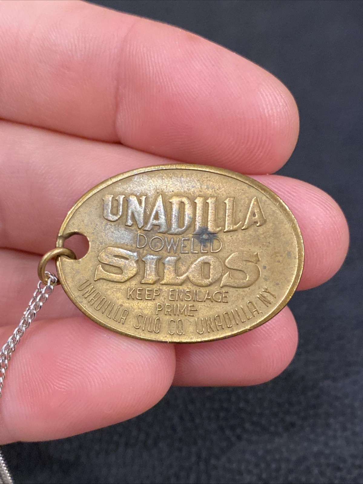 1906 ANTIQUE UNADILLA SILOS NY FARM ADVERTISING PENDANT KEYCHAIN CHARM FOB TAG